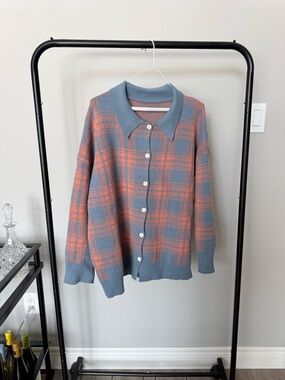 Plaid Button-Front Cardigan Sweater in Blue & Coral